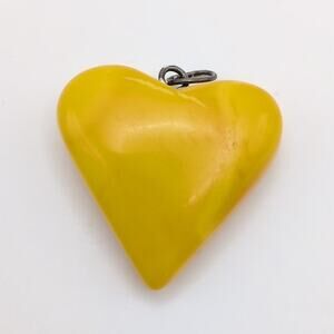 Vintage Yellow Butterscotch Egg Yolk Baltic Amber Heart Pendant Sterling Silver
